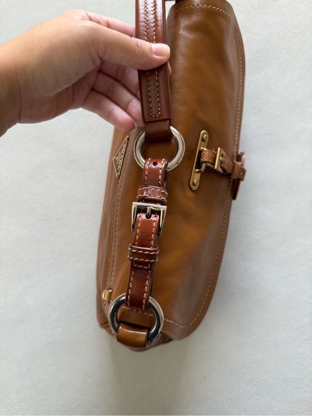 PRADA Vintage Tan Leather Shoulder Bag with Tag - Picture 7 of 13